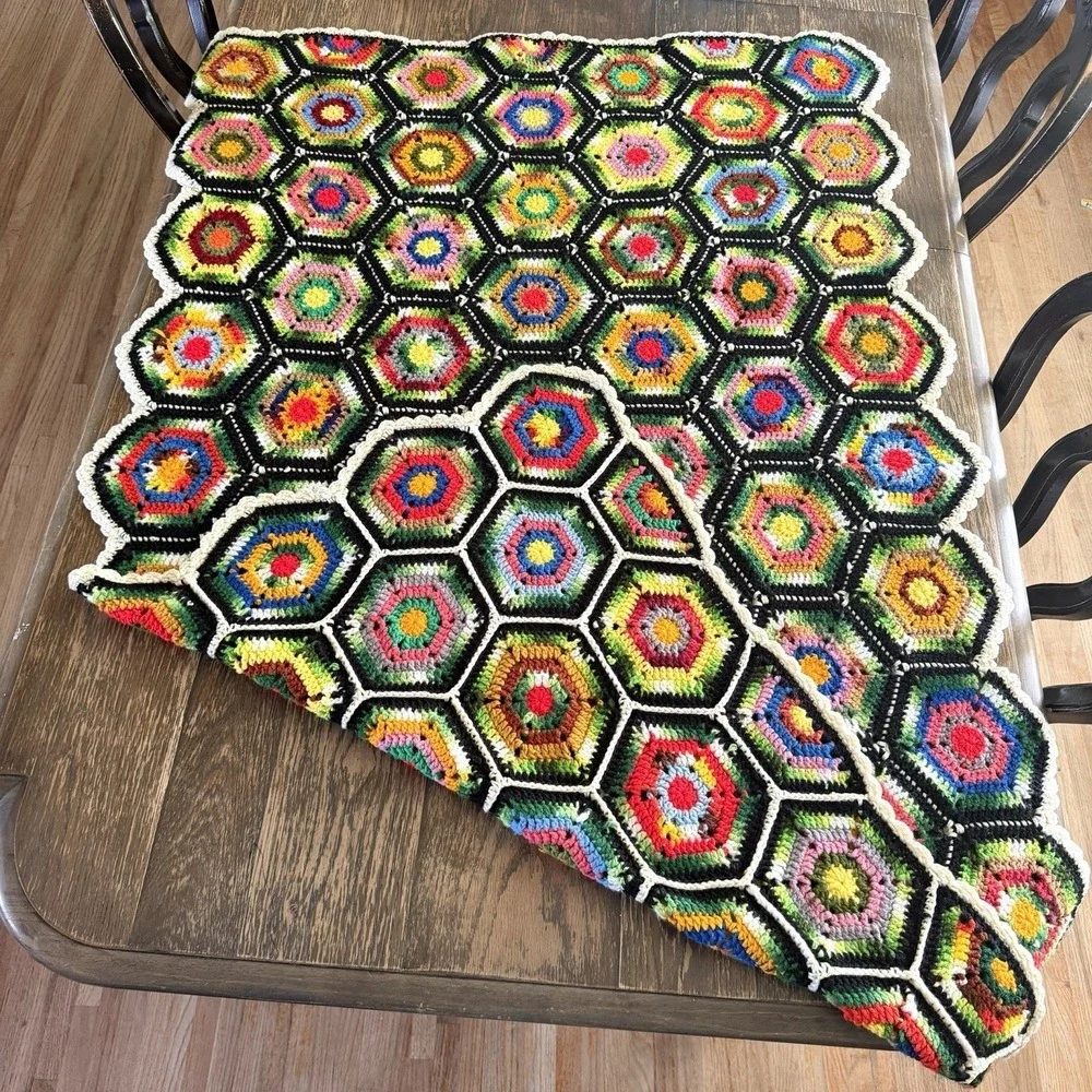 Handmade Crochet Throw Afghan Blanket Colorful‎ Granny Cottage Core Vtg 90s Sofa